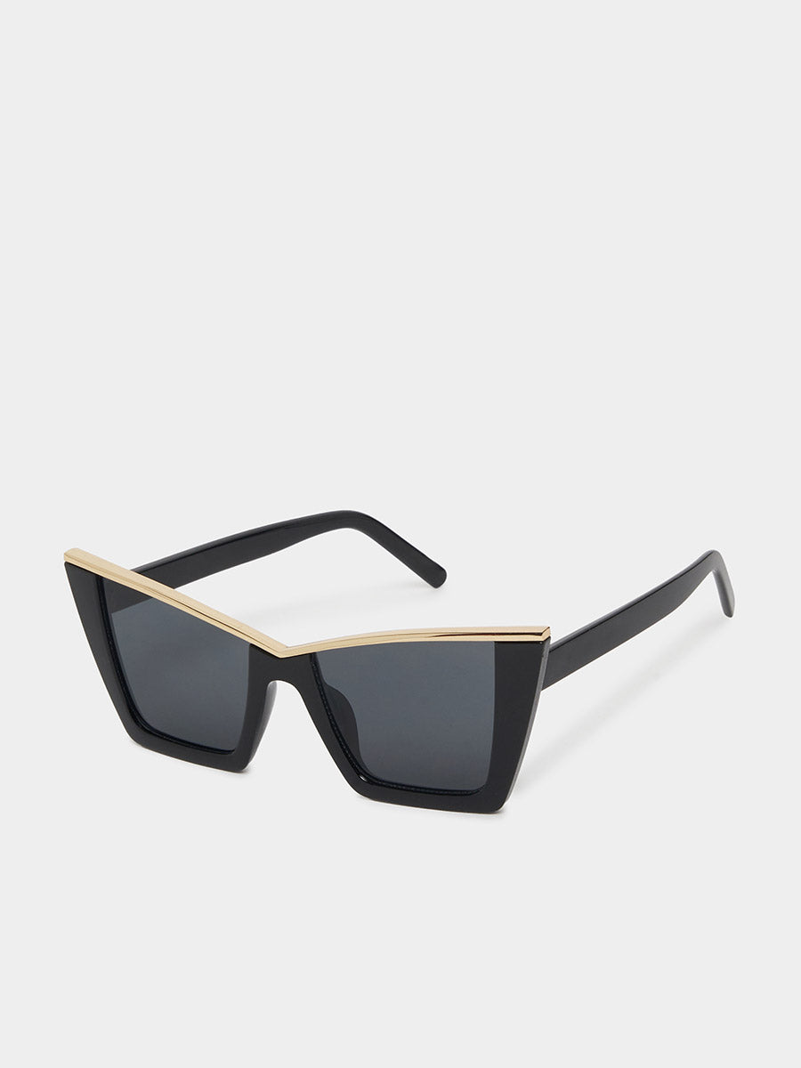 Black sunglasses with gold accents on a white background