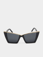 Black sunglasses with gold accents on a white background