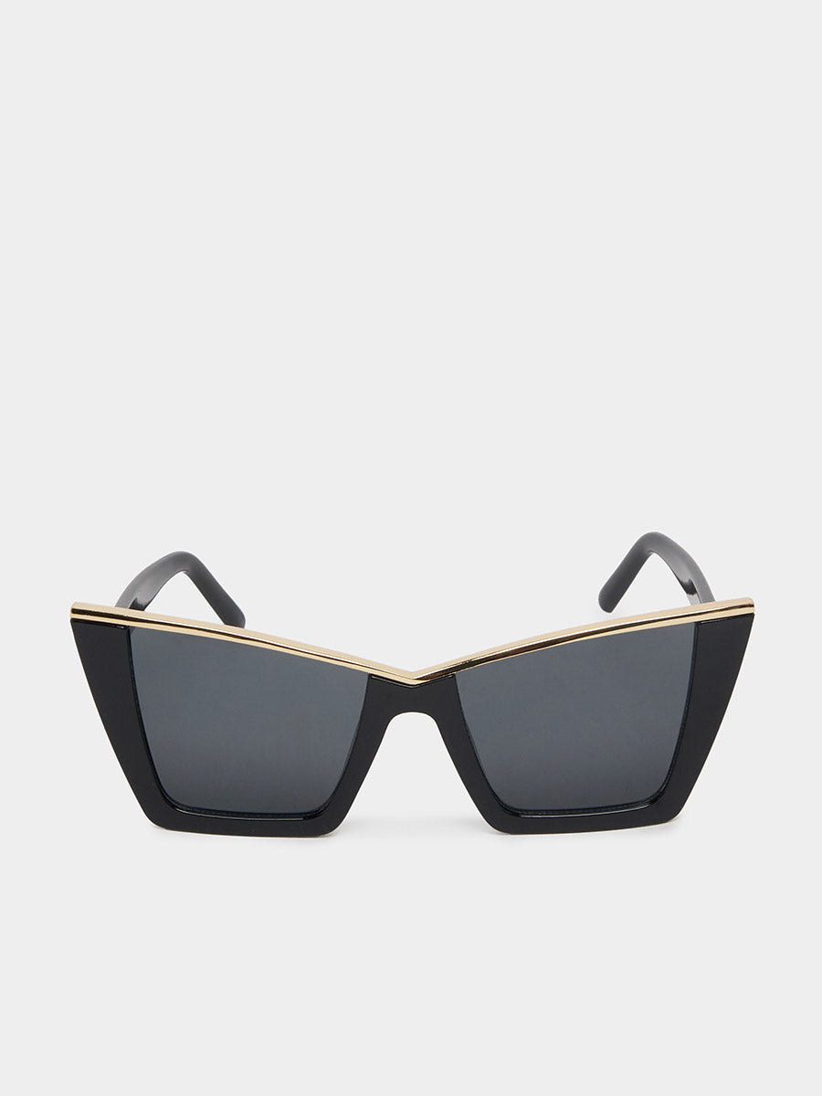 Black sunglasses with gold accents on a white background