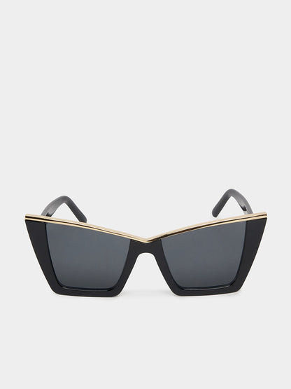 Black sunglasses with gold accents on a white background