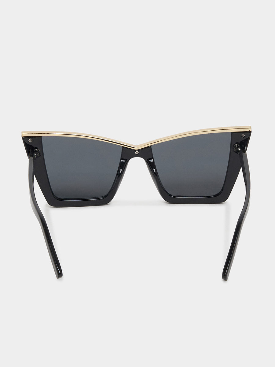Sunglasses with black frame and dark lenses on a white background
