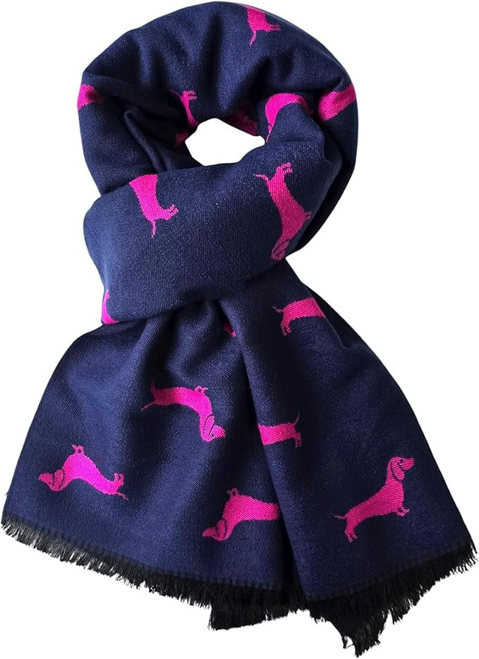 Navy blue scarf with pink dog pattern on a white background
