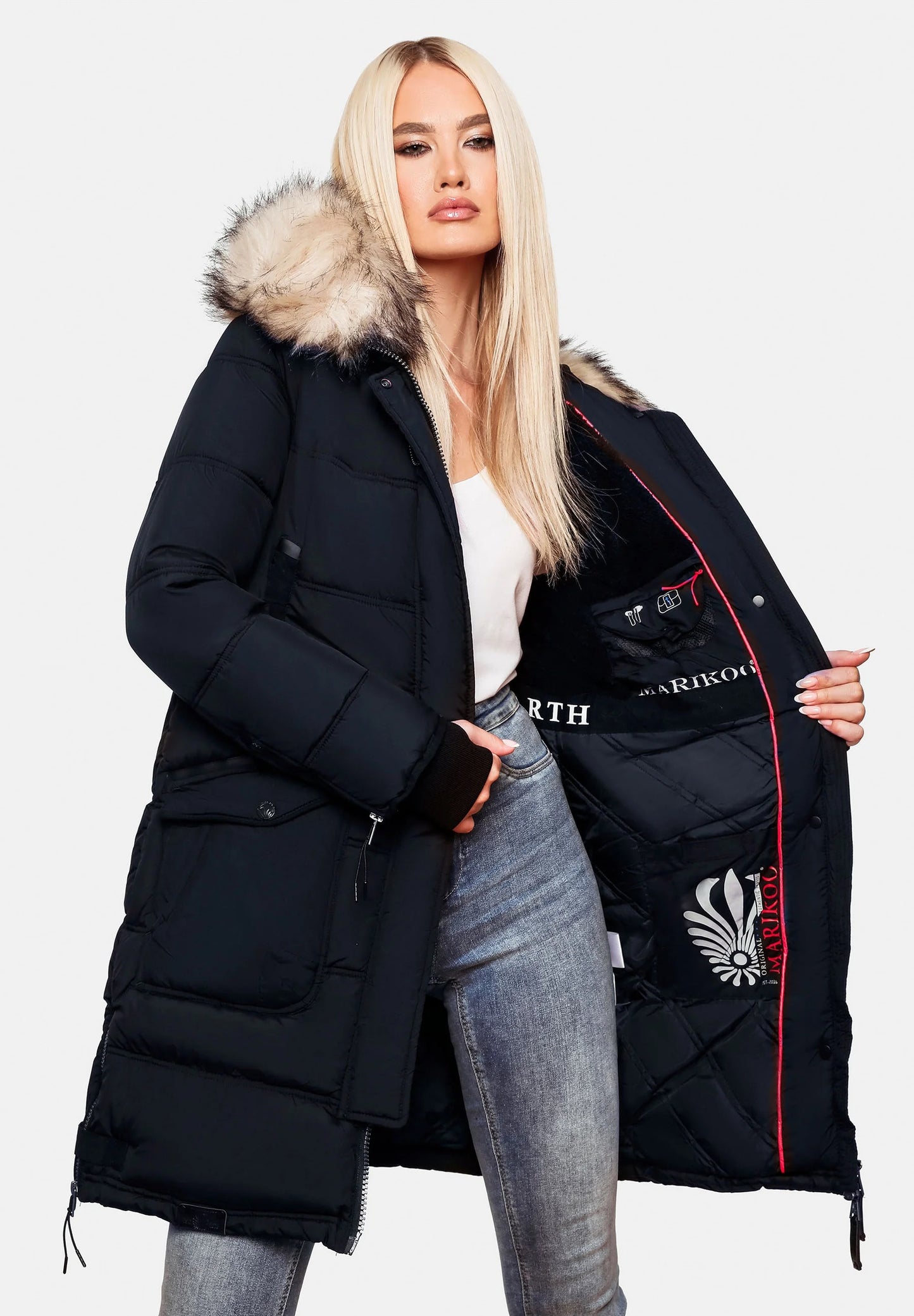 Fuzzy Trim Hooded Padded  Coats