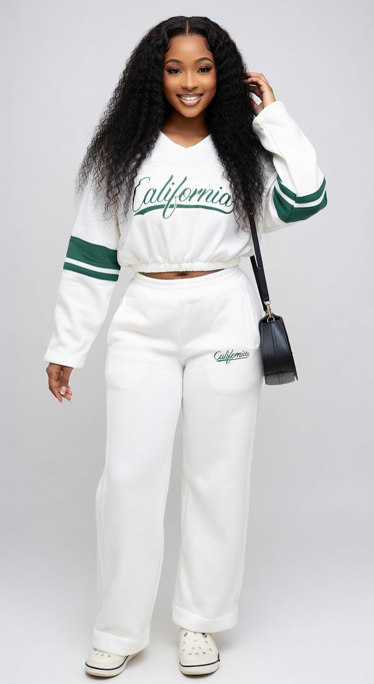California Letter Print Cropped Sweatshirt & Wide Leg Sweatpants Two-Piece Set