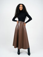 Solid PU Leather Flared Skirt