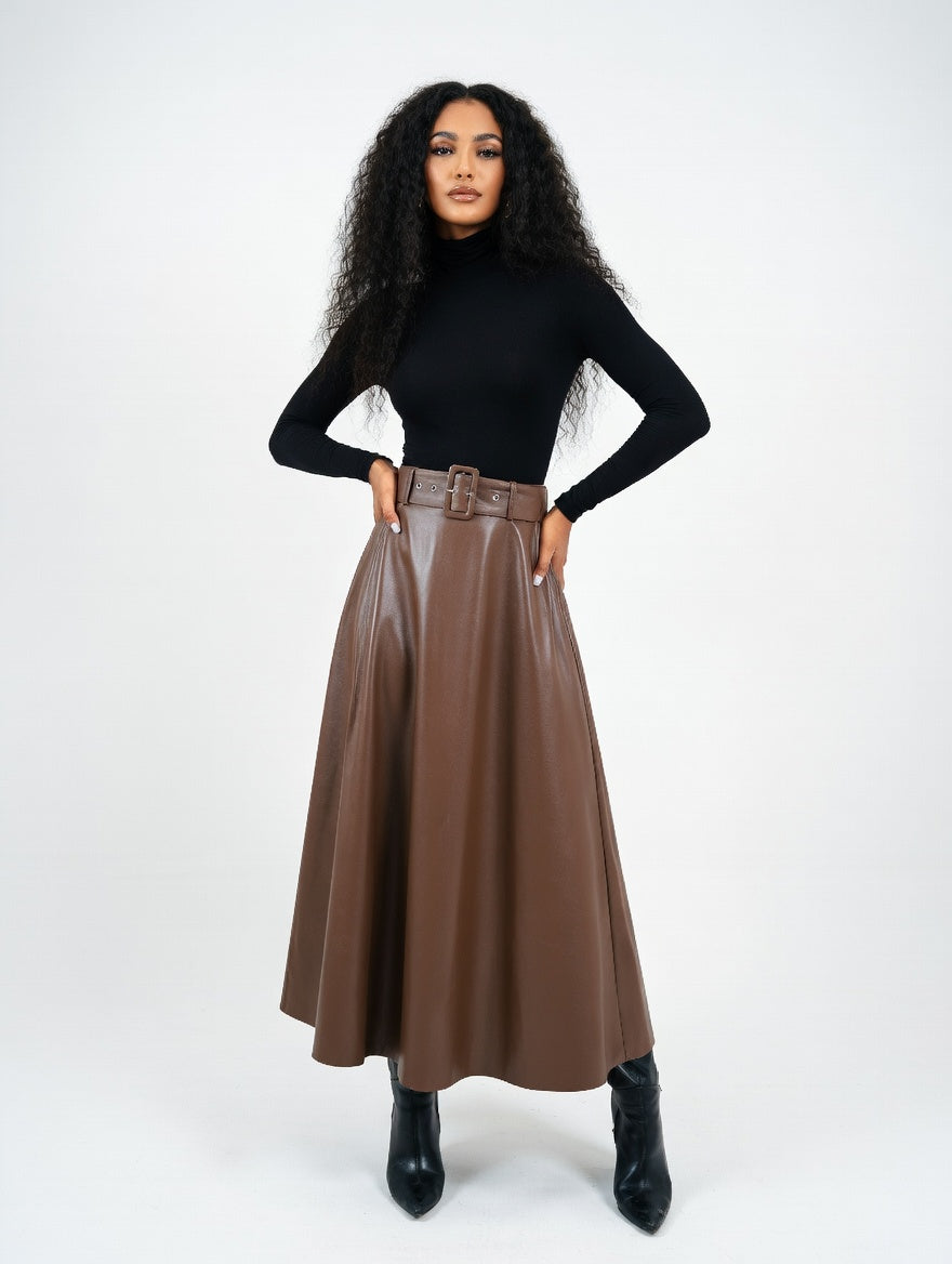 Solid PU Leather Flared Skirt
