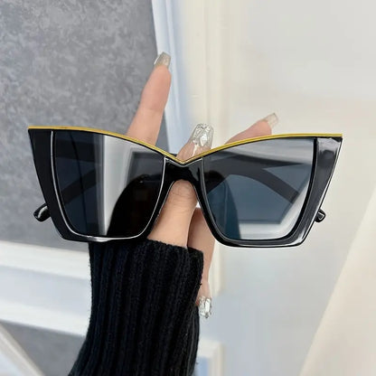 Black cat-eye sunglasses held by a hand with a blurred background