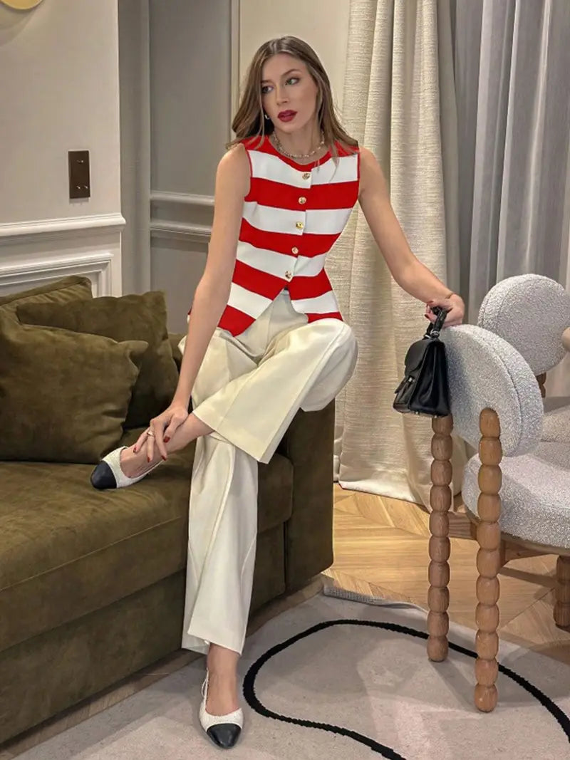 Stripe Asymmetrical Round Neck Fitted Knit Top