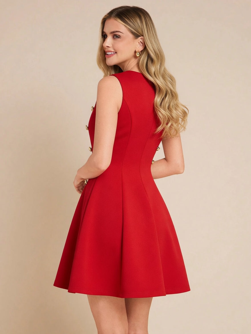 Woman wearing a red dress against a beige background