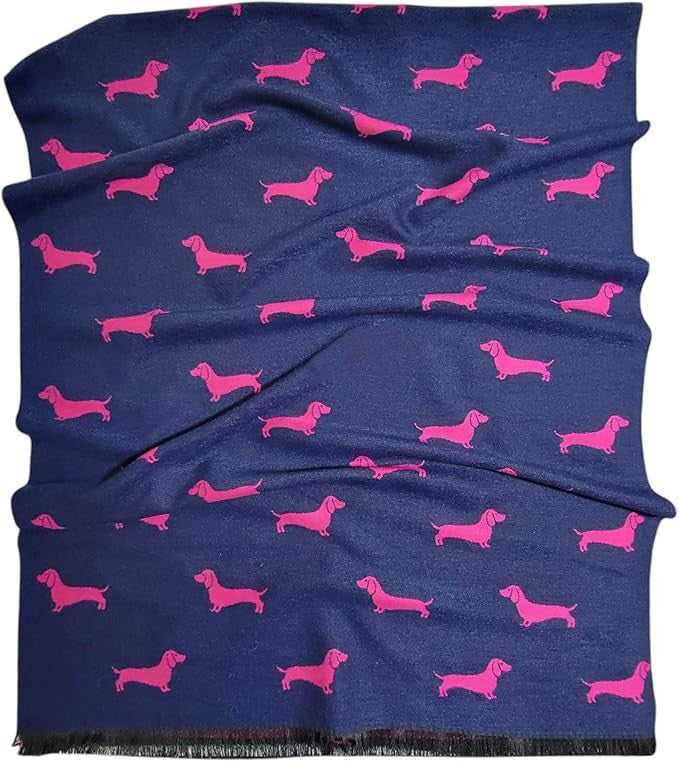 Navy blue scarf with pink dachshund pattern