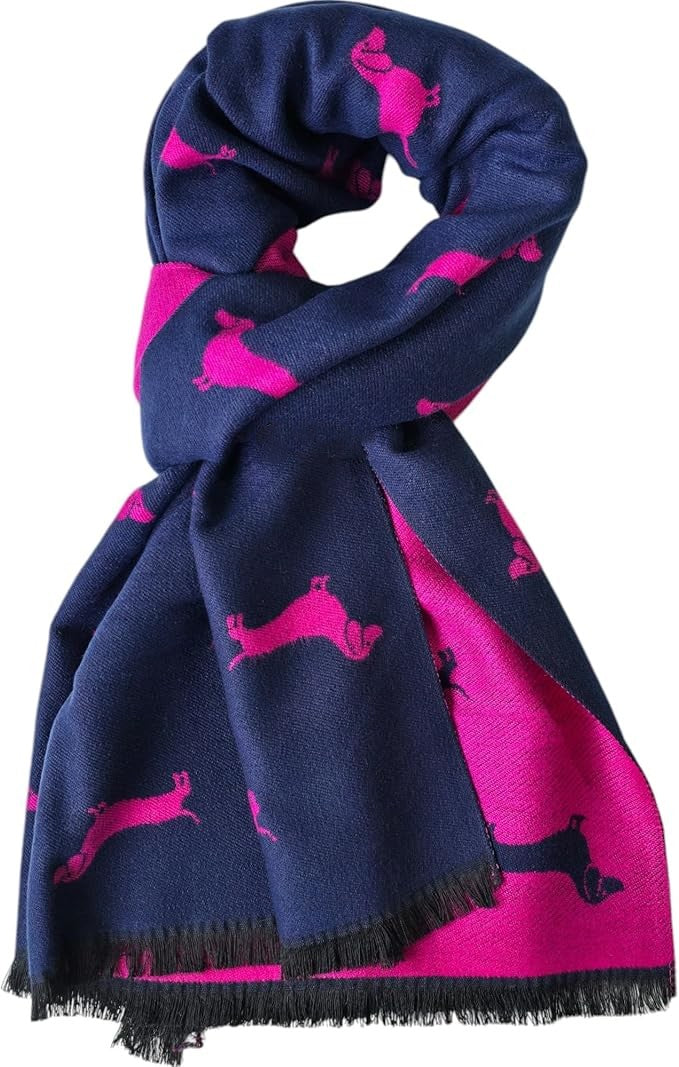 Navy and pink scarf with dog pattern on a white background