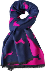 Navy and pink scarf with dog pattern on a white background
