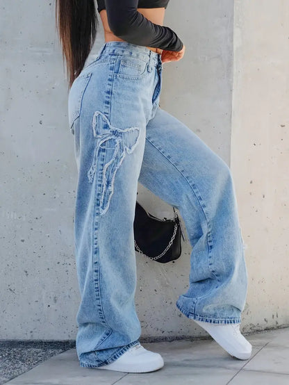 Embroidered Bow Detail Straight-Leg Jeans