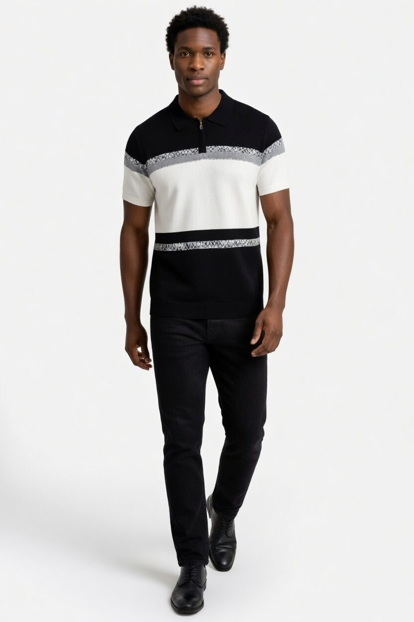 Man wearing a black and white striped polo shirt with a patterned collar on a white background