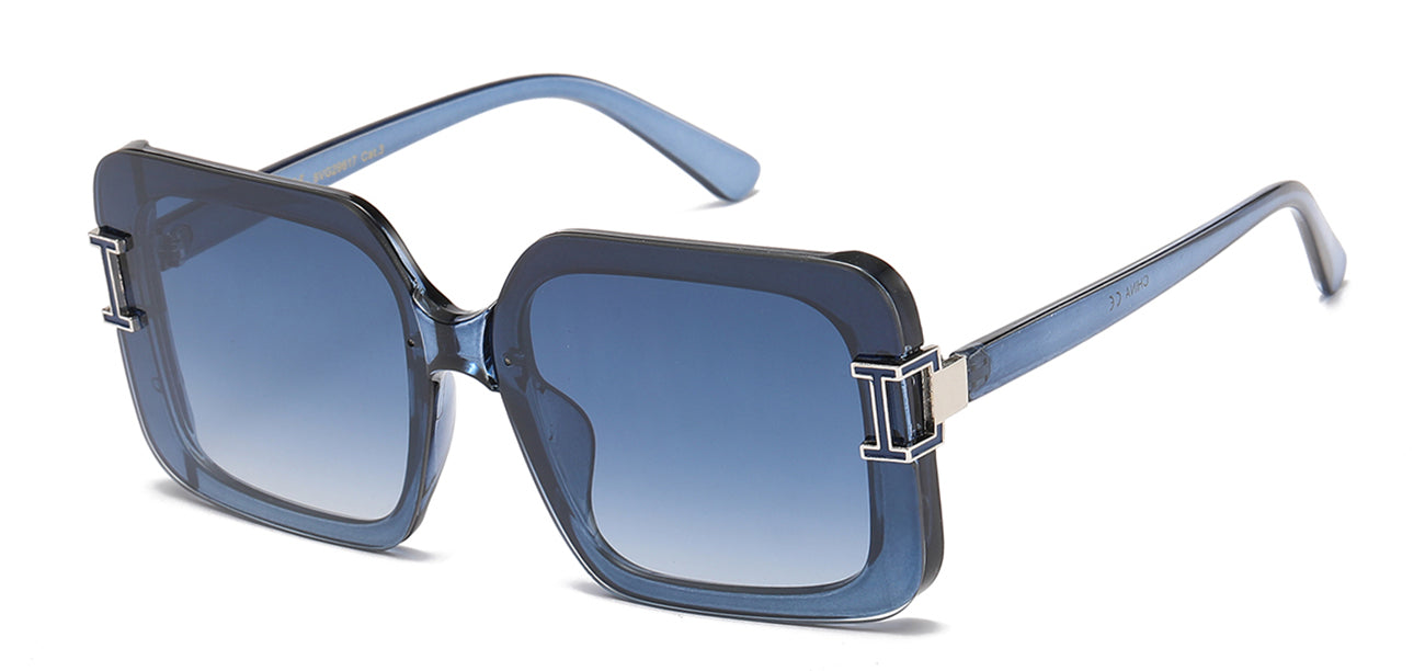 Blue sunglasses with gradient lenses on a white background