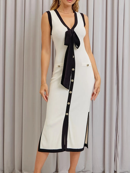 Elegant V-Neck Tie-Front Knit  Dress