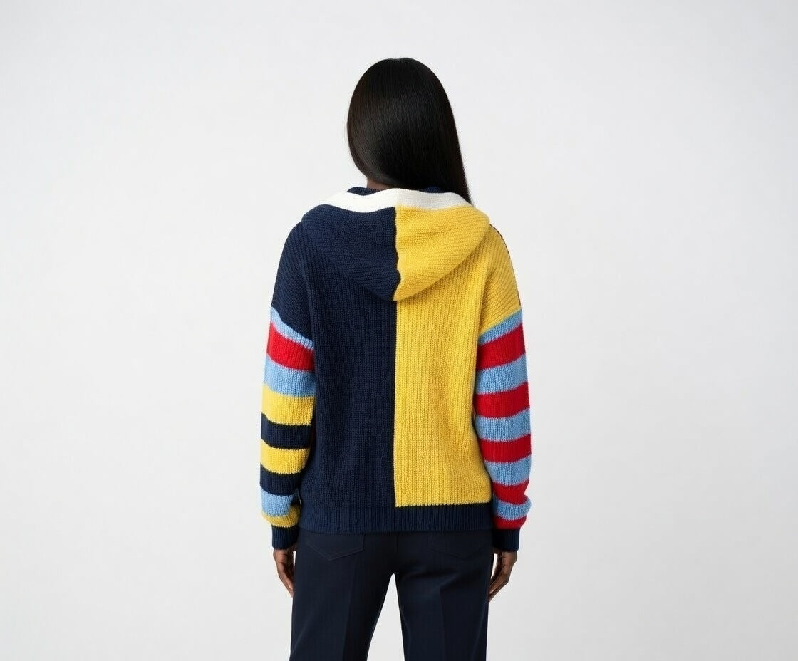 Person wearing a colorful striped sweater with a plain background