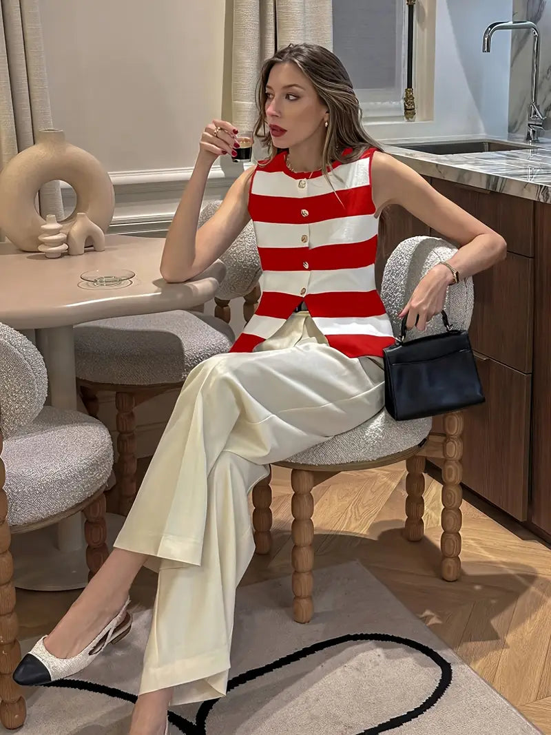 Stripe Asymmetrical Round Neck Fitted Knit Top