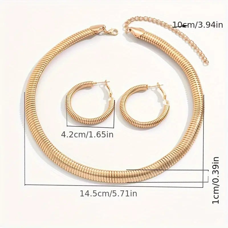 Gold necklace and hoop earrings with measurements on a white background
