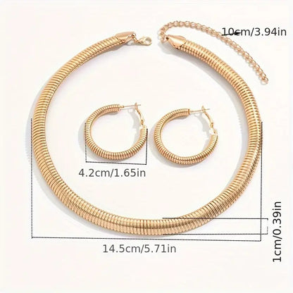 Gold necklace and hoop earrings with measurements on a white background