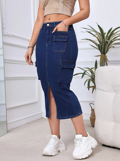 High-Waisted Midi Denim Skirt