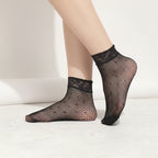Black fishnet socks worn by a person on a white background