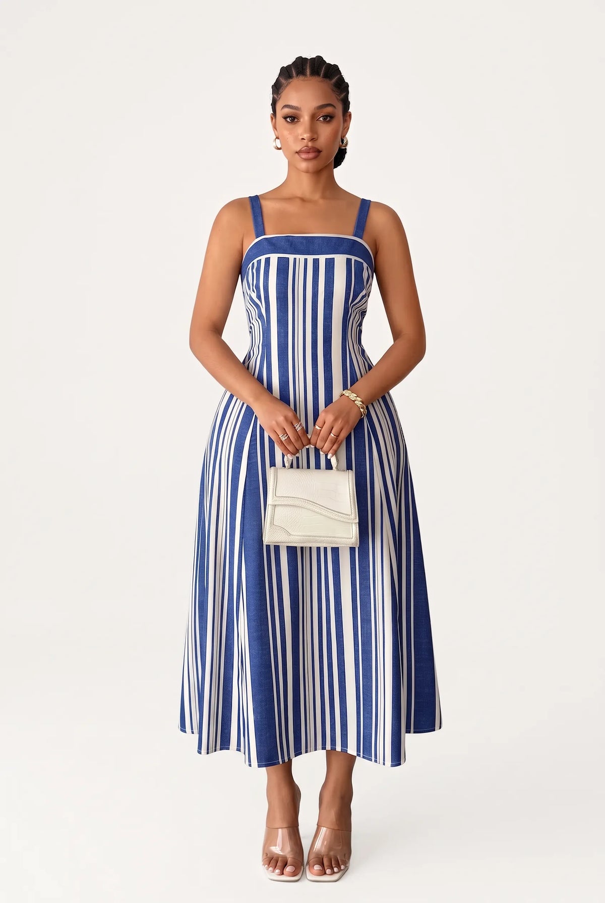Woman wearing an A-line midi dress features a bold, vertical stripe pattern in alternating royal blue and white that creates a slimming and elongating visual effect. Designed with a structured square neckline, thick supportive straps, and a solid blue upper border, the fitted bodice gracefully transitions into a flared, flowing skirt that falls just below the calves.