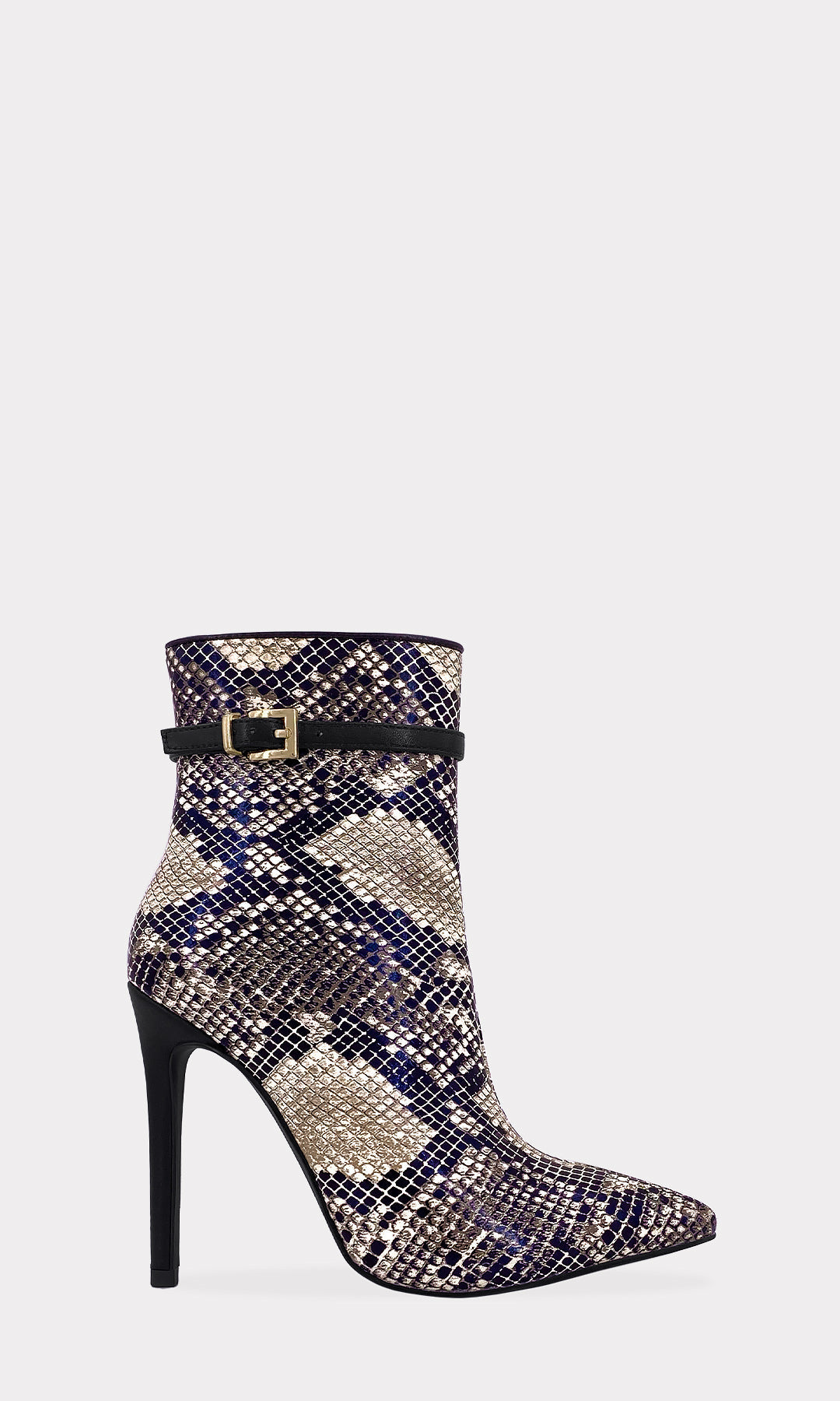 High-heeled boot with a patterned design on a white background