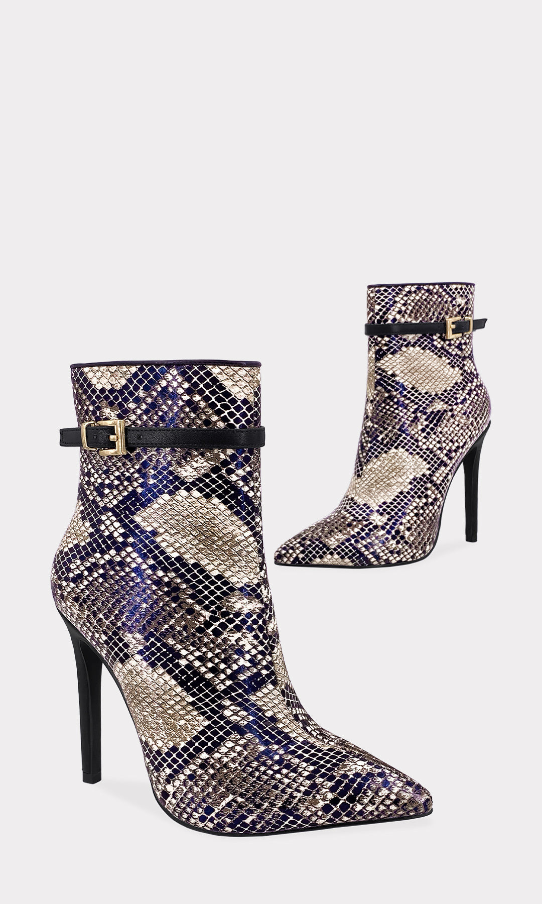 Pair of patterned high-heeled ankle boots on a white background