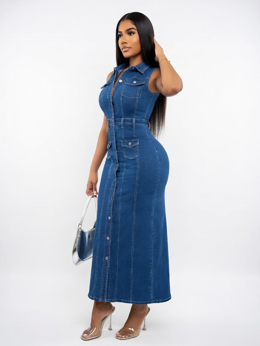 Woman wearing a blue denim dress on a white background