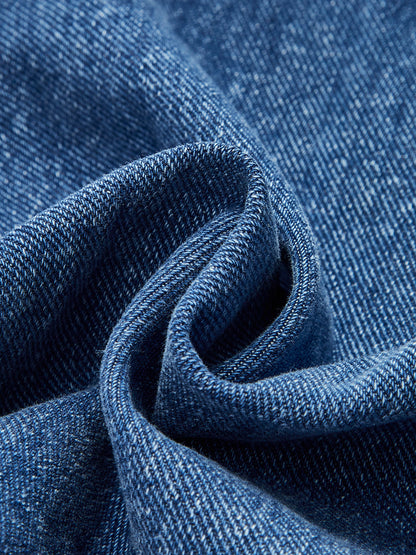 Denim Belted Button-Front Pleated Dress