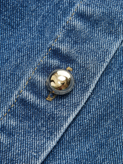 Denim Belted Button-Front Pleated Dress