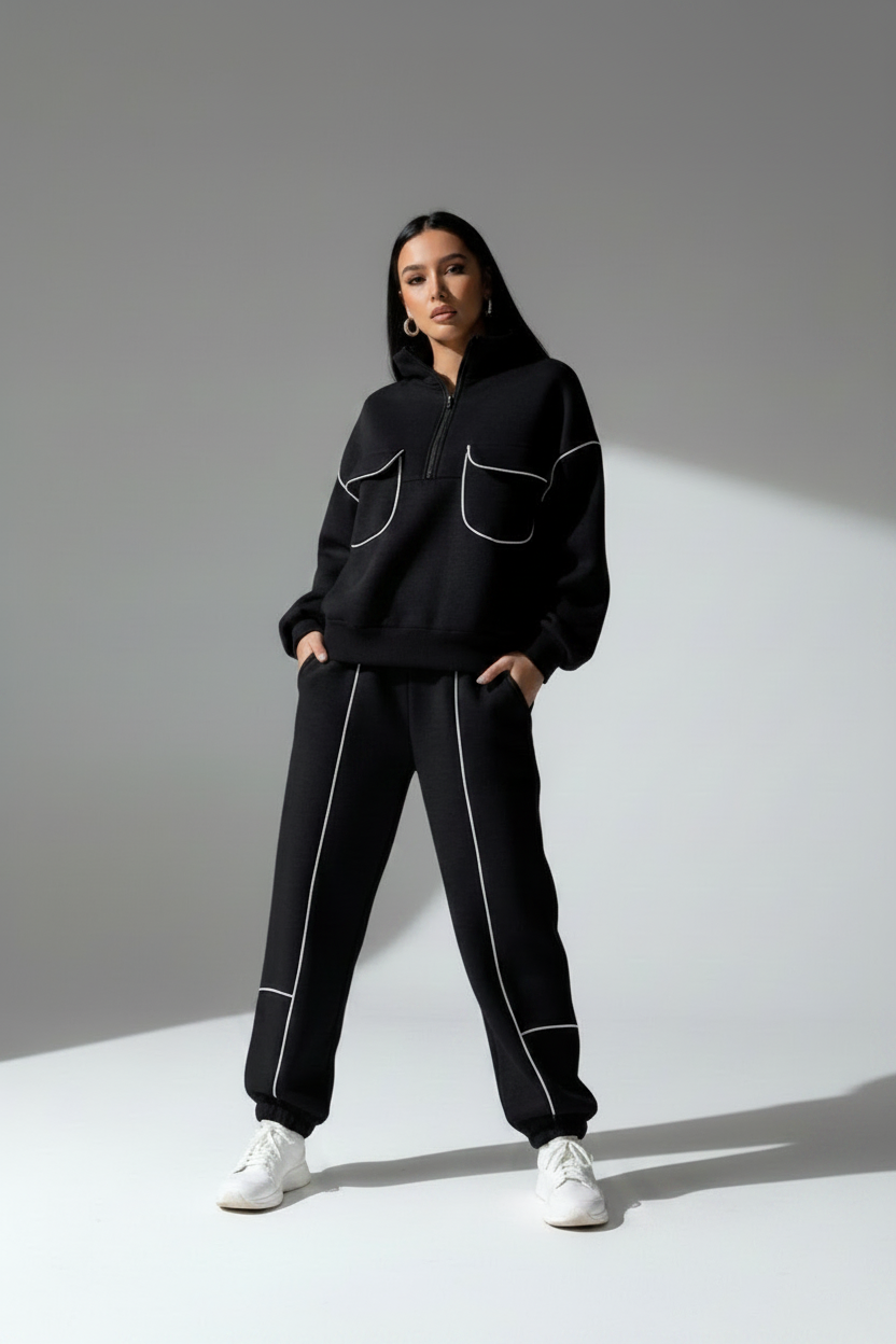 Person wearing a black tracksuit with white accents on a gray background