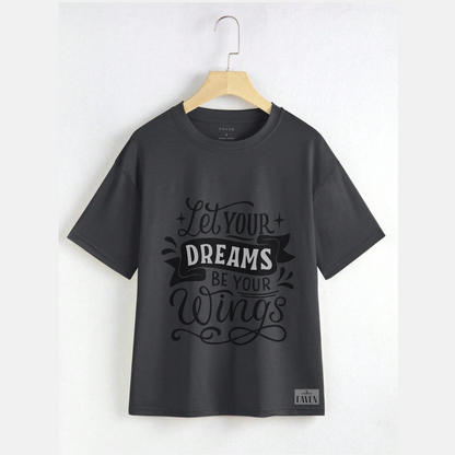 Gray t-shirt with motivational quote on a hanger against a white background