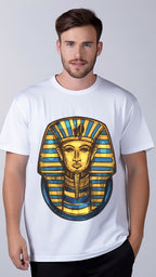 Man wearing a white t-shirt with an Egyptian pharaoh design on a plain background