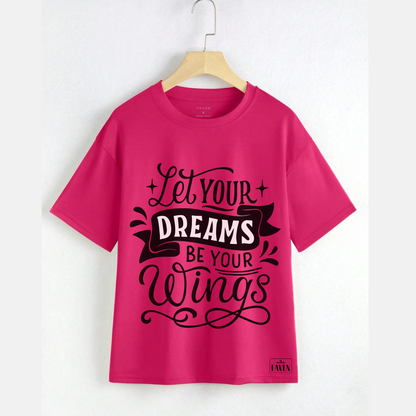 Pink t-shirt with motivational quote on a hanger against a white background