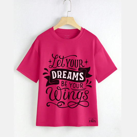 Pink t-shirt with motivational quote on a hanger against a white background