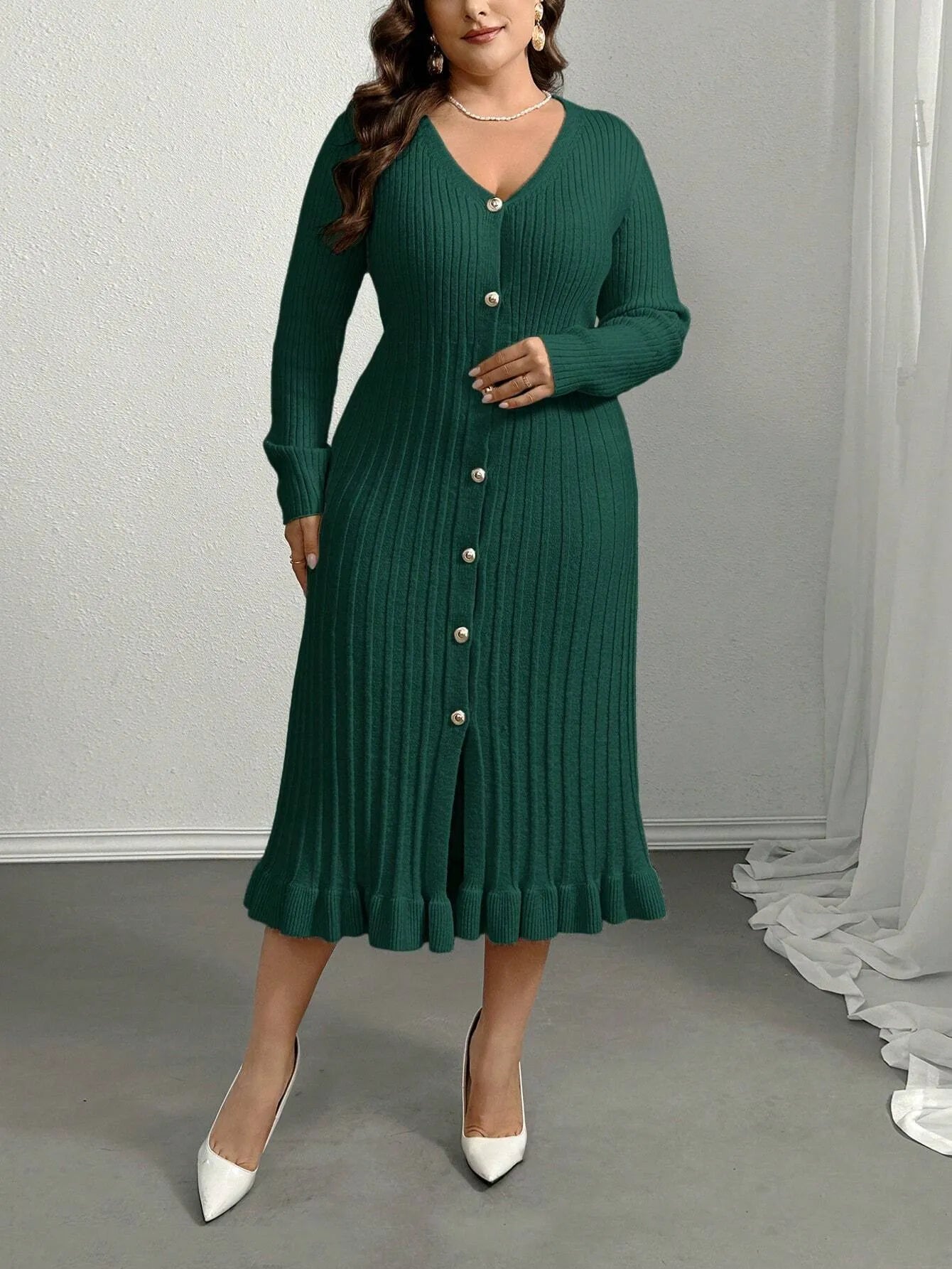 V-Neck Ruffle Hem Knit Sweater Dress