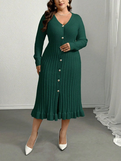 V-Neck Ruffle Hem Knit Sweater Dress