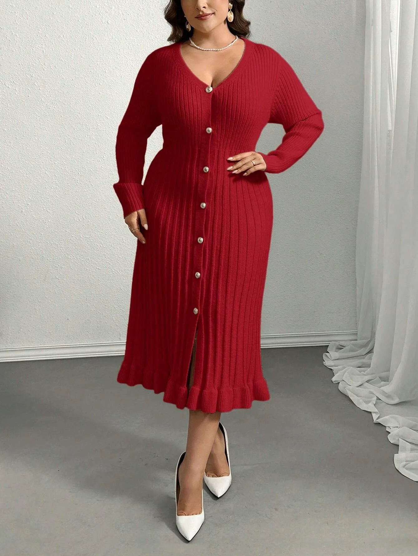 V-Neck Ruffle Hem Knit Sweater  Dress