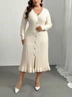 V-Neck Ruffle Hem Knit Sweater  Dress