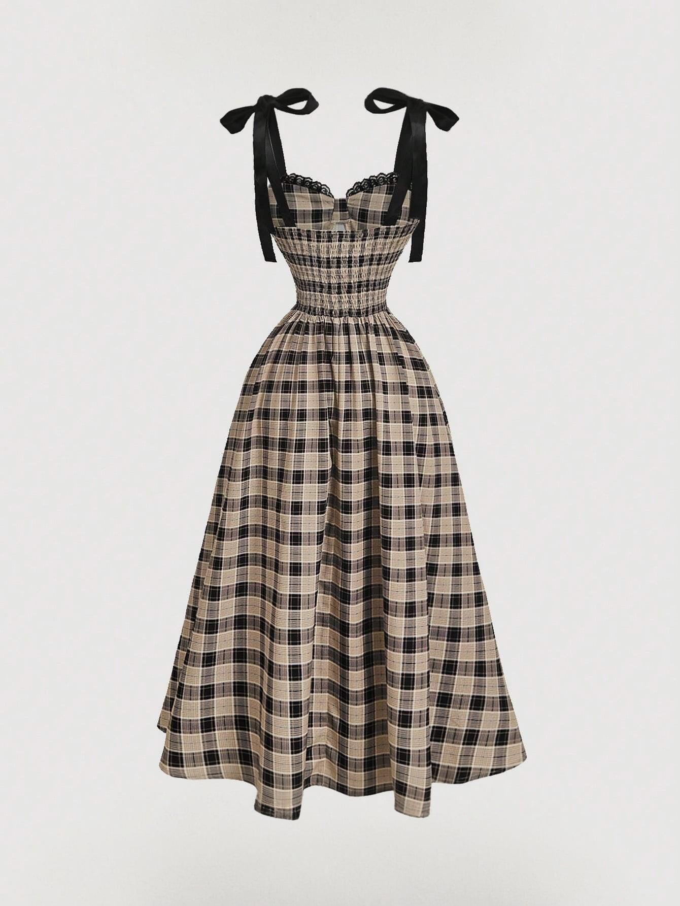 Plaid dress with black ribbon straps