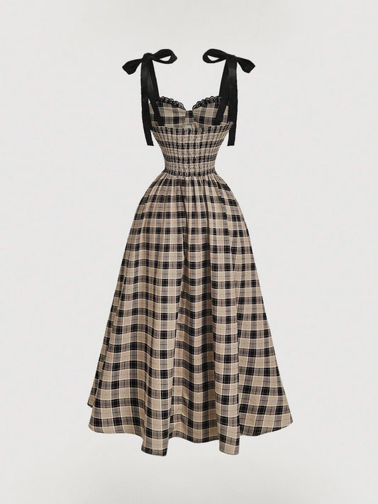 Plaid dress with black ribbon straps