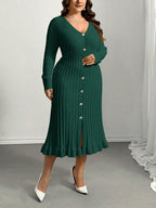 V-Neck Ruffle Hem Knit Sweater Dress