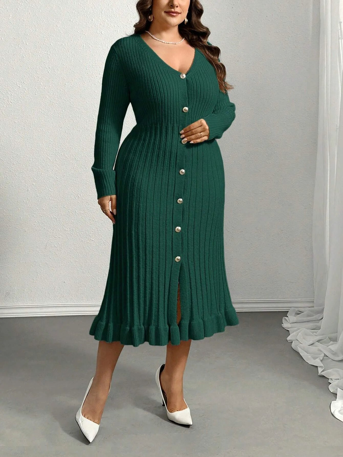 V-Neck Ruffle Hem Knit Sweater Dress