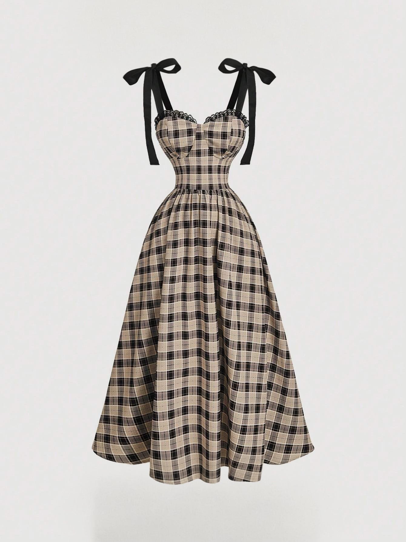 Plaid dress with black ribbon straps