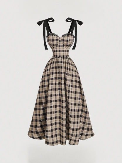 Plaid dress with black ribbon straps