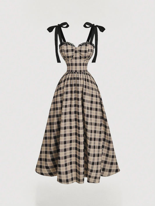 Plaid dress with black ribbon straps