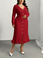 V-Neck Ruffle Hem Knit Sweater  Dress