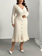 V-Neck Ruffle Hem Knit Sweater  Dress